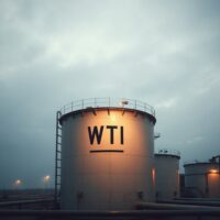 WTI crude oil storage tanks at an industrial facility under overcast sky