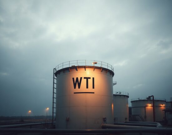 WTI crude oil storage tanks at an industrial facility under overcast sky