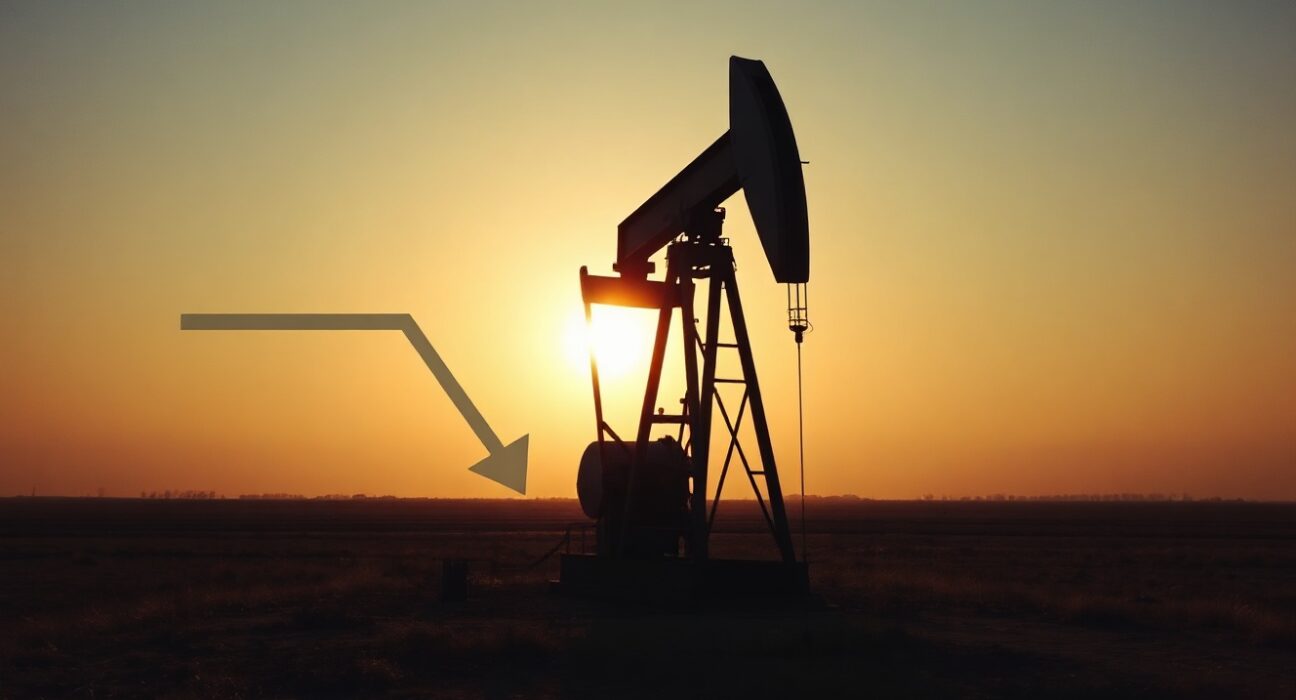 Oil pumpjack silhouette at sunset with faint downward arrow symbolizing falling WTI crude prices