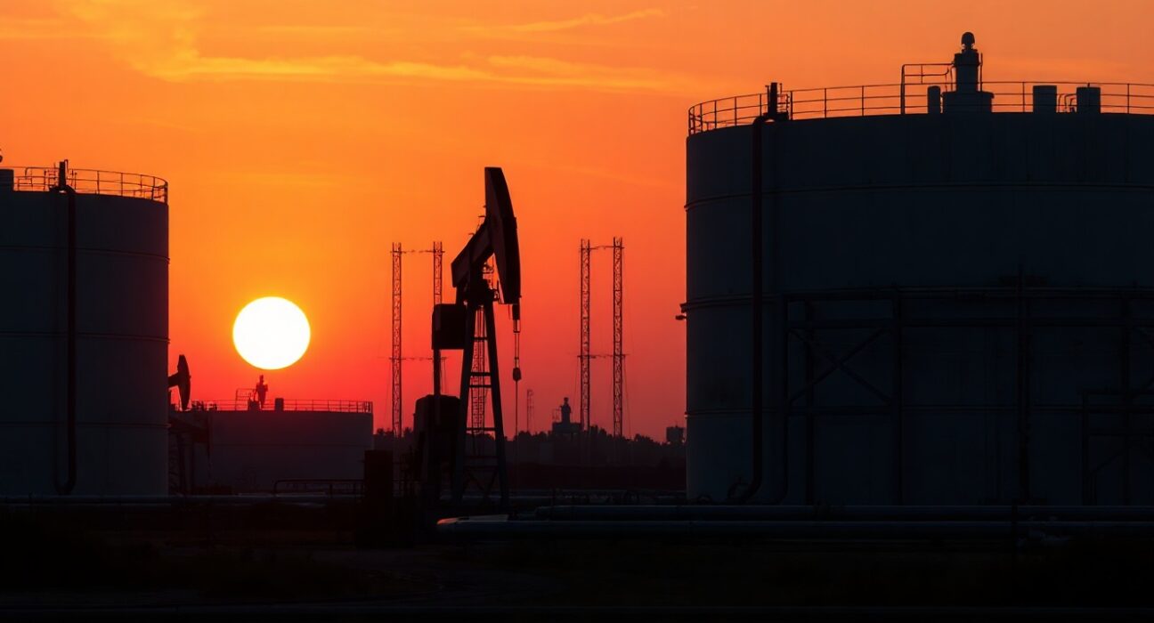 Oil storage tanks and pump jack at sunset, representing crude oil market and geopolitical risk