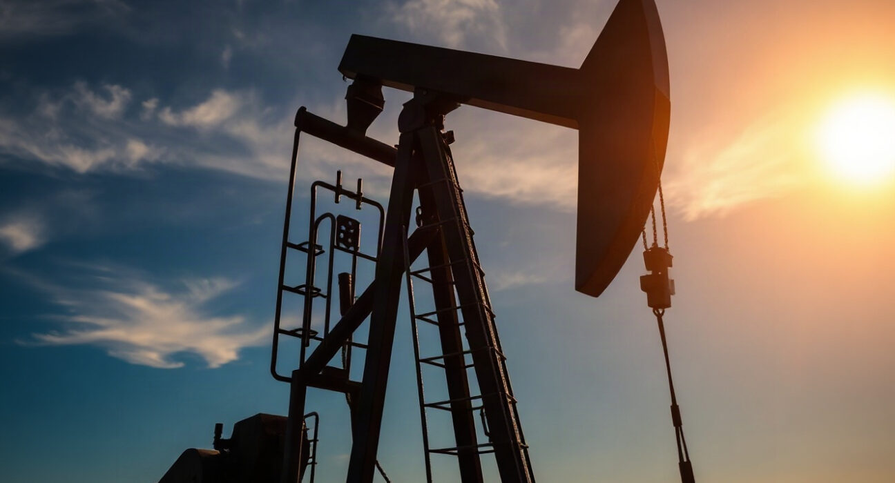 WTI oil pumpjack silhouette at sunset, representing crude oil market movements amid Iran tensions.