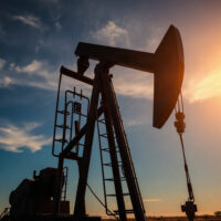 WTI oil pumpjack silhouette at sunset, representing crude oil market movements amid Iran tensions.