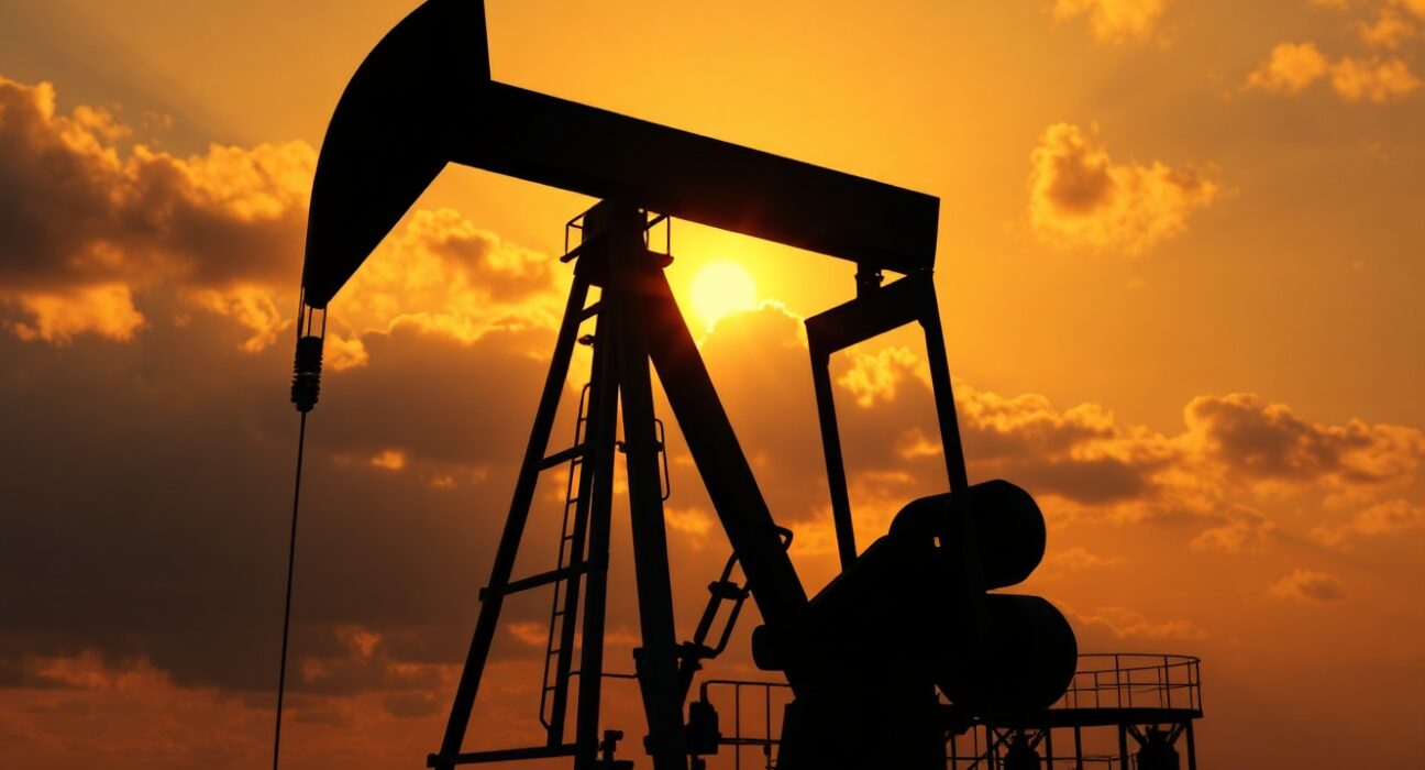 Oil pumpjack silhouetted at sunset with a map of the Strait of Hormuz in the background, representing geopolitical oil supply risks.