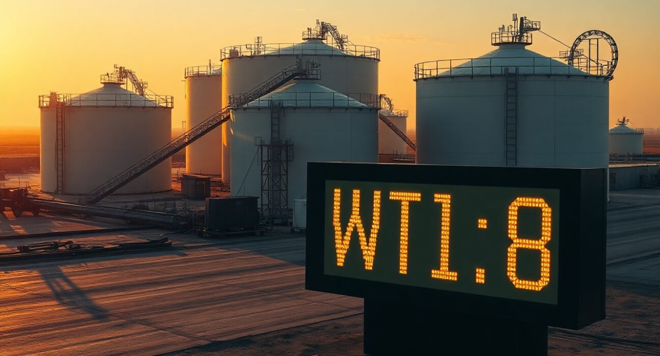 WTI crude oil price display at a storage facility during sunset, reflecting market tension from Middle East conflict.