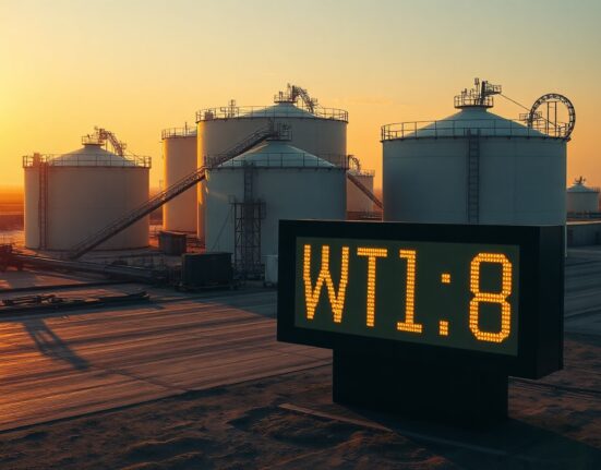 WTI crude oil price display at a storage facility during sunset, reflecting market tension from Middle East conflict.