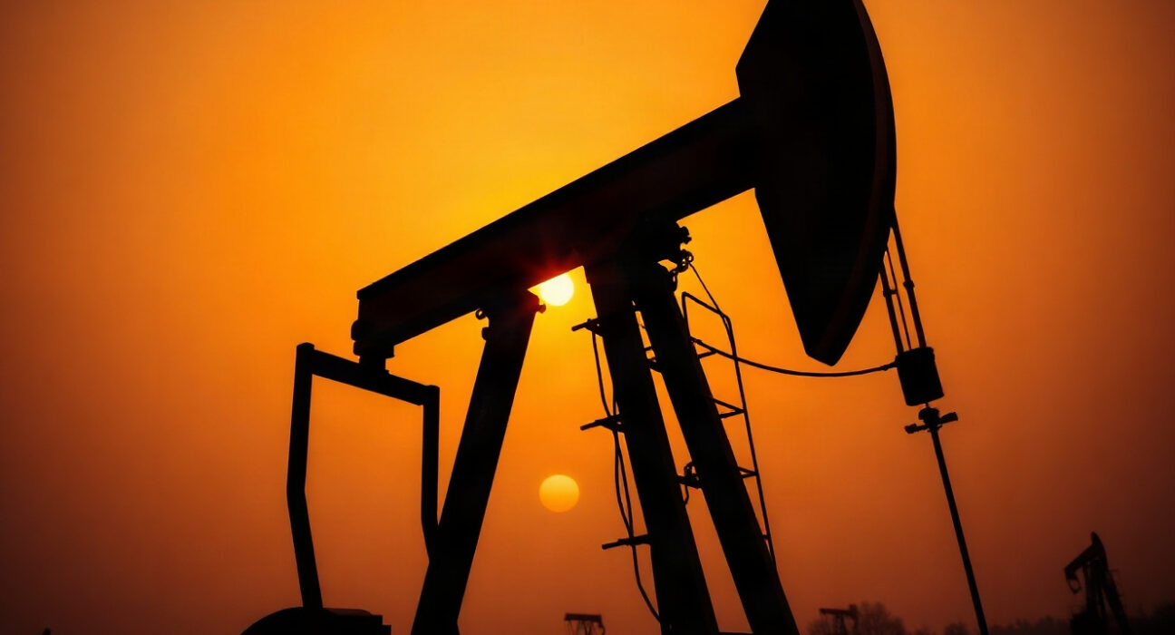 Oil pump jack silhouetted against a sunset sky, representing rising crude oil prices due to geopolitical tensions.