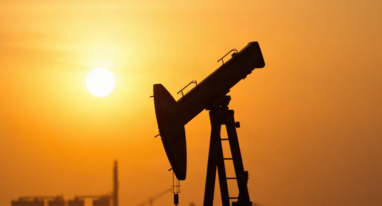 Crude oil pumpjack in desert with refinery in background at sunset