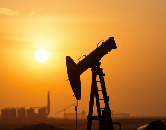 Crude oil pumpjack in desert with refinery in background at sunset