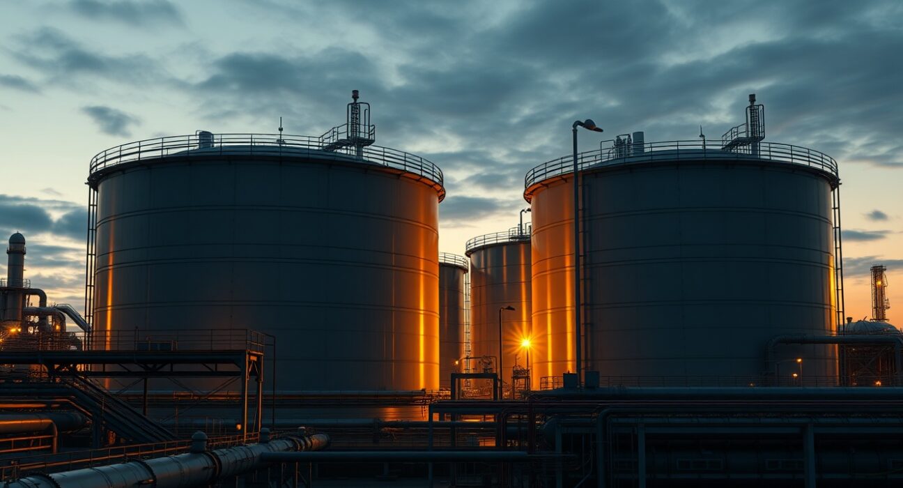 Aerial view of oil storage tanks at a refinery at sunset, representing WTI crude oil market dynamics.
