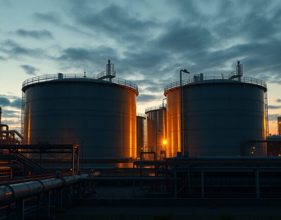 Aerial view of oil storage tanks at a refinery at sunset, representing WTI crude oil market dynamics.