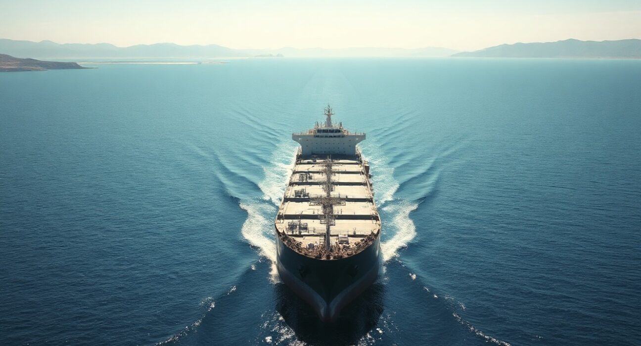 Large oil tanker navigating the Strait of Hormuz under bright sunlight, representing global crude oil transit and geopolitical risk.