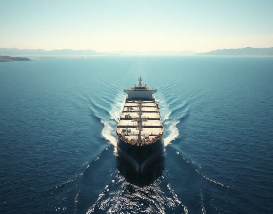 Large oil tanker navigating the Strait of Hormuz under bright sunlight, representing global crude oil transit and geopolitical risk.