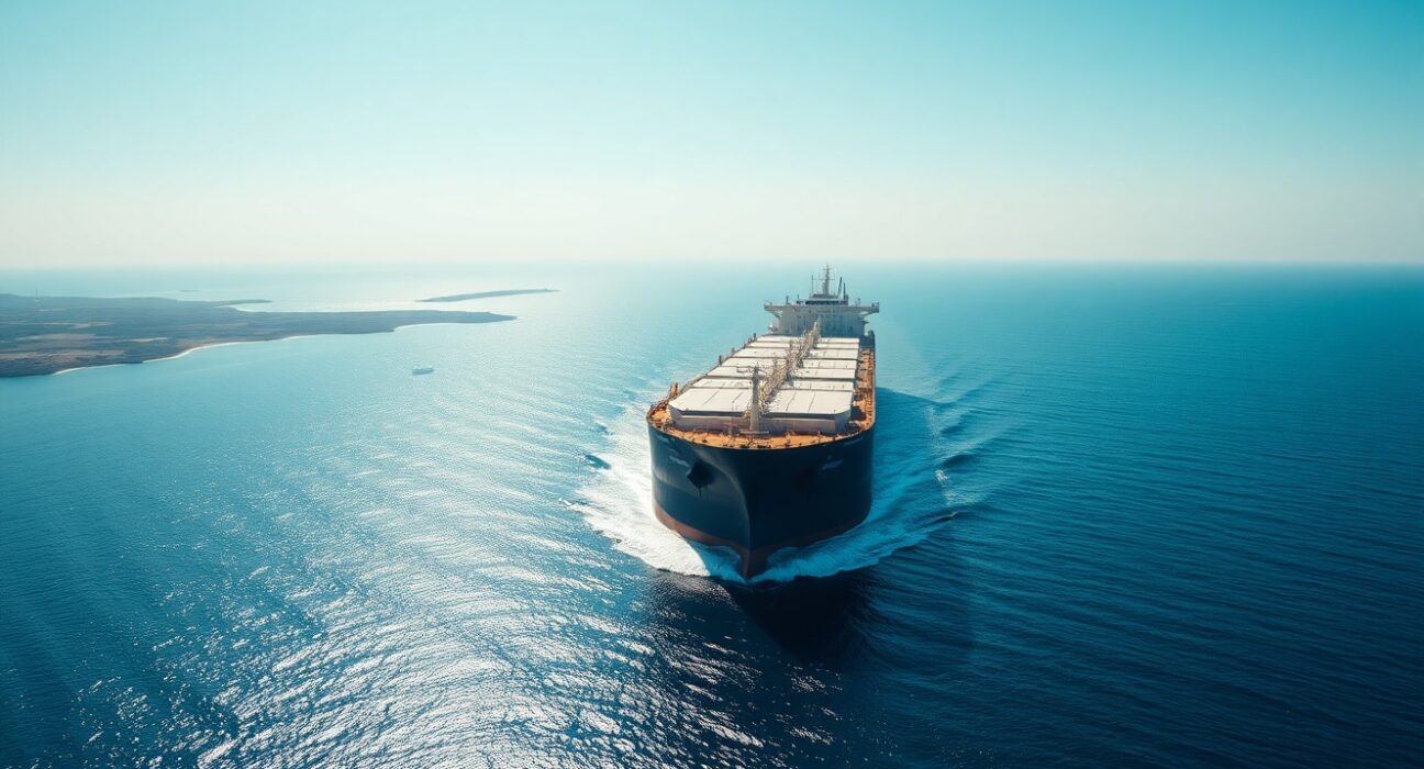 Oil tanker navigating the Strait of Hormuz under clear skies, representing geopolitical risk to crude supply.