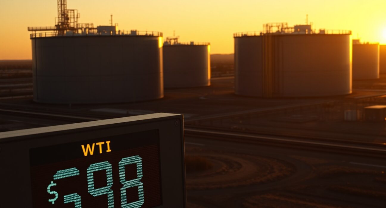 Oil storage tanks at sunset with WTI crude price display below $98