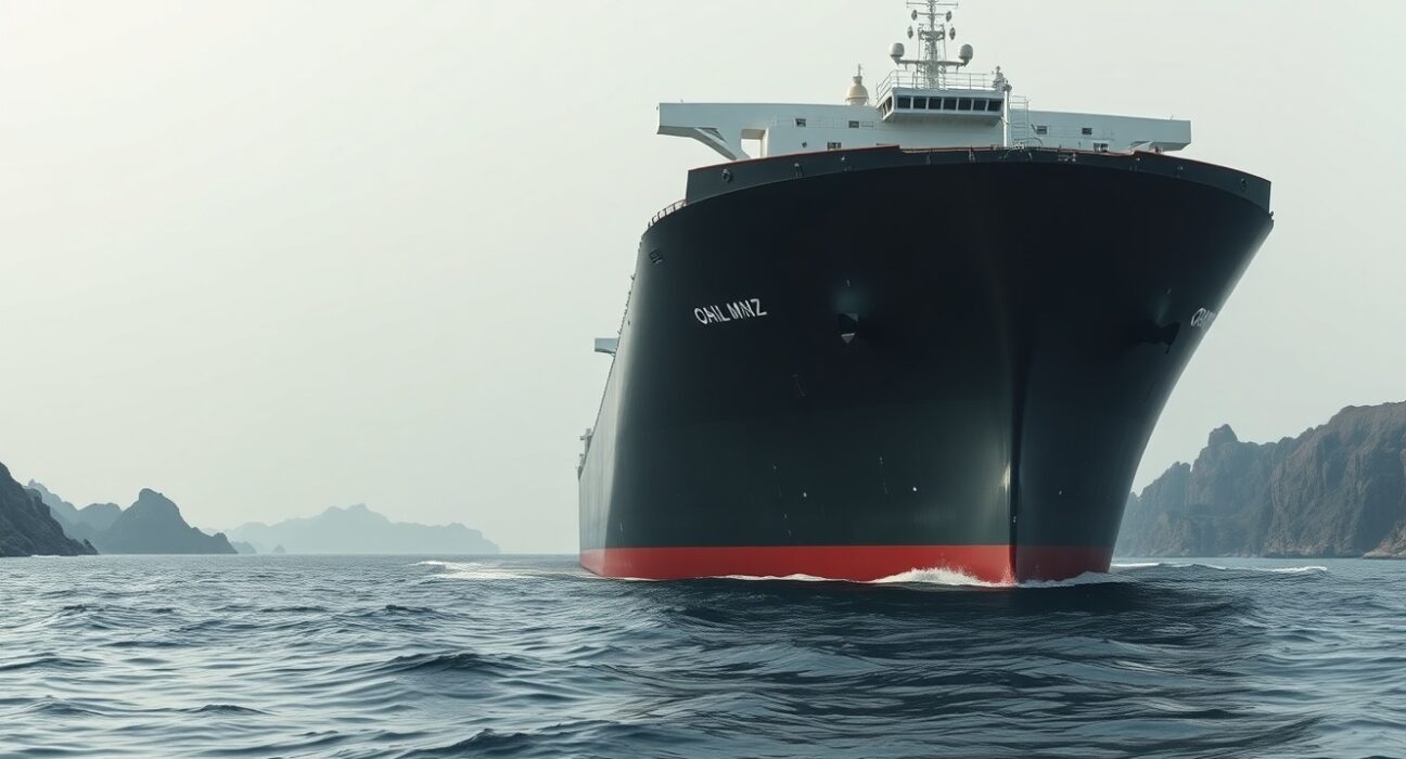 WTI crude oil tanker navigating the Strait of Hormuz during a shutdown, highlighting the supply crisis.