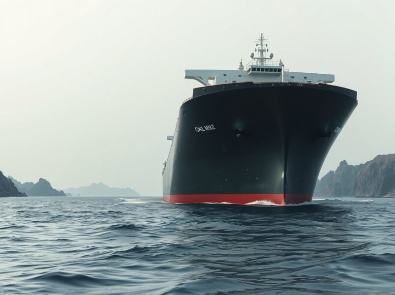 WTI crude oil tanker navigating the Strait of Hormuz during a shutdown, highlighting the supply crisis.