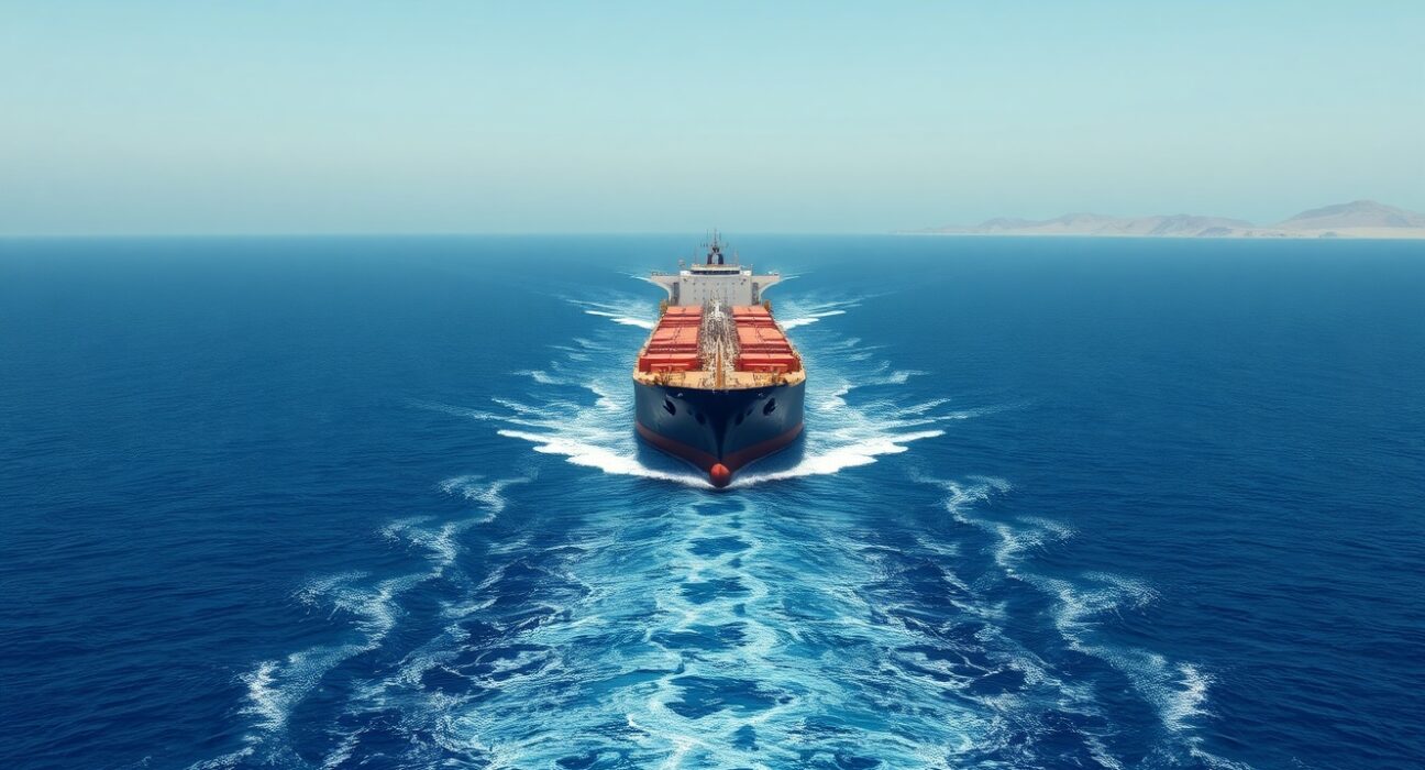 Oil tanker navigating the strategic Strait of Hormuz amid rising US-Iran geopolitical tensions.