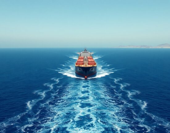 Oil tanker navigating the strategic Strait of Hormuz amid rising US-Iran geopolitical tensions.