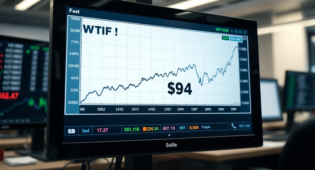 WTI crude oil price chart surging to $94.00 amid Iran conflict tensions.