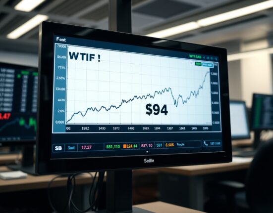 WTI crude oil price chart surging to $94.00 amid Iran conflict tensions.