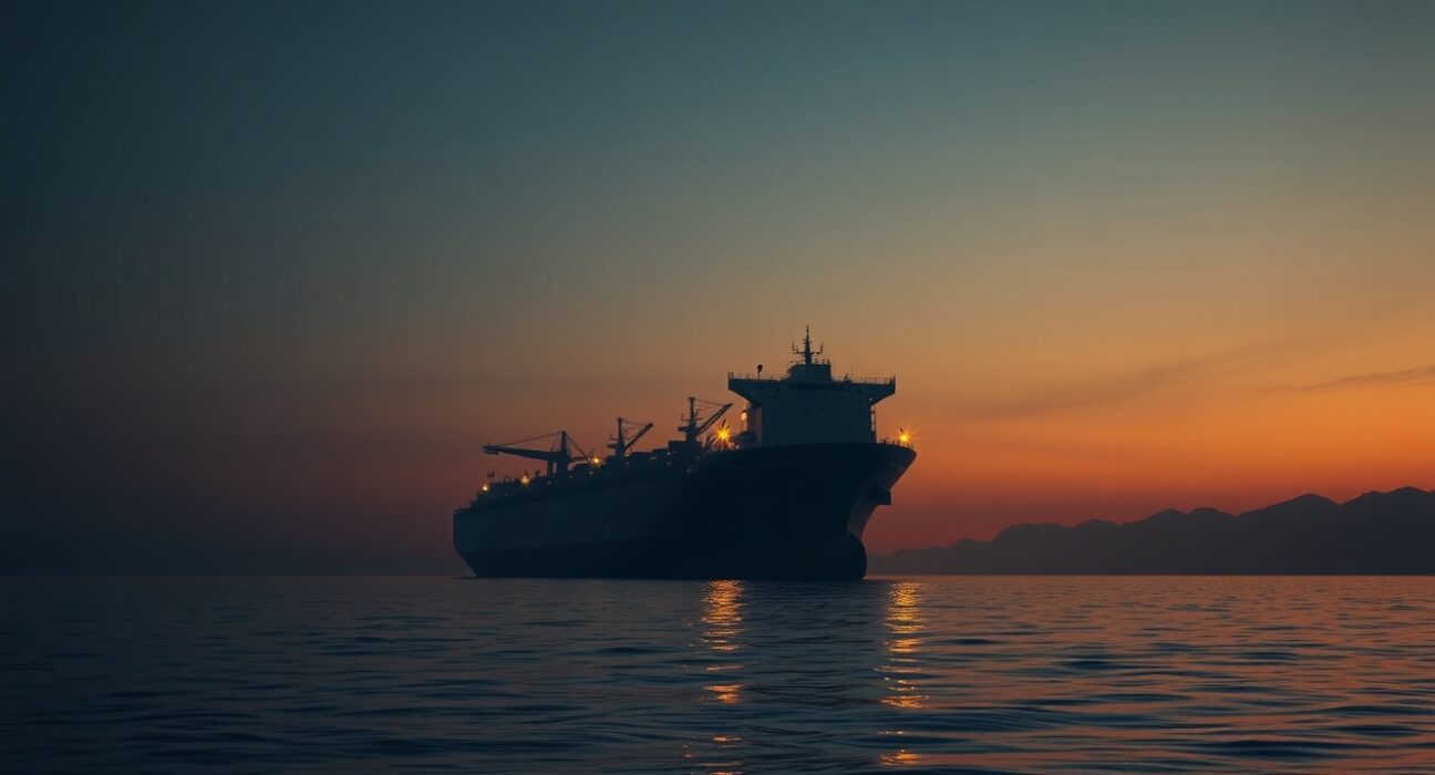 Oil tanker in the Strait of Hormuz symbolizing WTI oil supply fears amid Iran tensions.