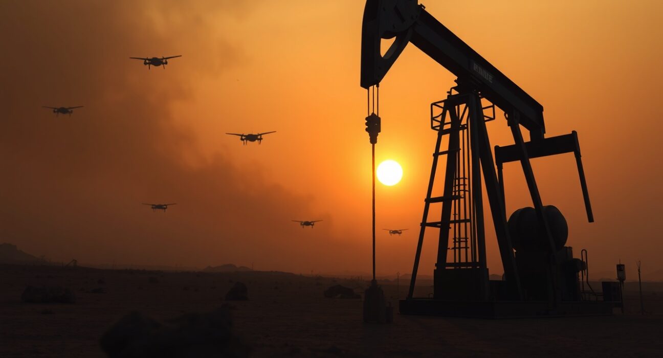 WTI crude oil pumpjack silhouette against smoky sky reflecting Middle East supply concerns