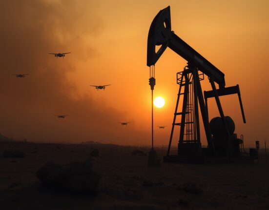 WTI crude oil pumpjack silhouette against smoky sky reflecting Middle East supply concerns