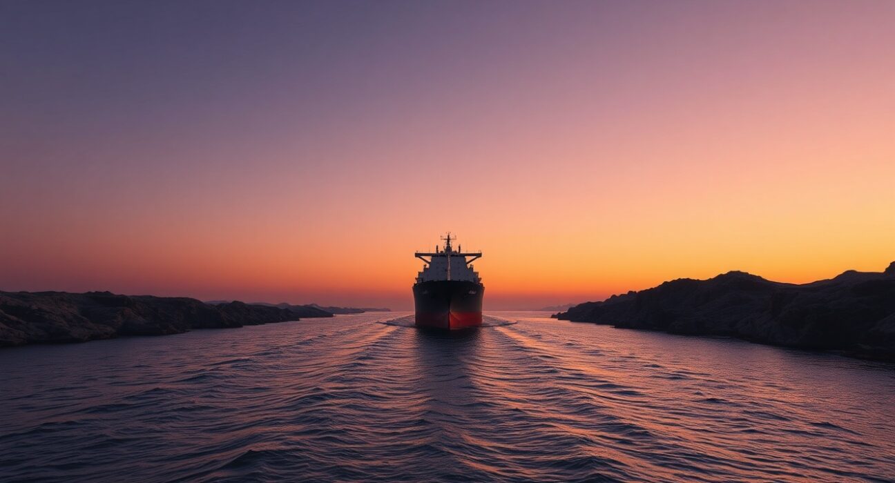 Oil tanker navigating the strategic Strait of Hormuz amid geopolitical tensions affecting global oil markets