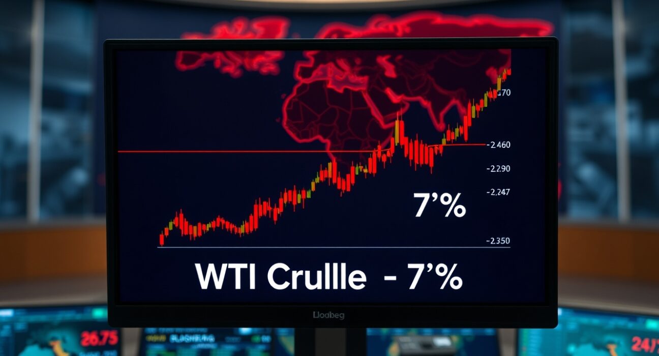 WTI crude oil price surge of 7% displayed on a trading terminal amid Middle East conflict.