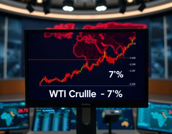 WTI crude oil price surge of 7% displayed on a trading terminal amid Middle East conflict.