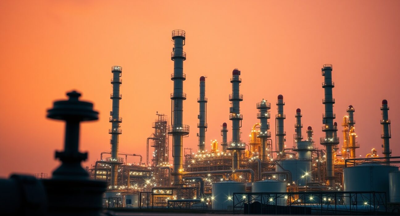 Oil refinery at dusk with storage tanks and pipelines, representing WTI crude oil price surge amid Iran conflict.