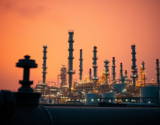 Oil refinery at dusk with storage tanks and pipelines, representing WTI crude oil price surge amid Iran conflict.