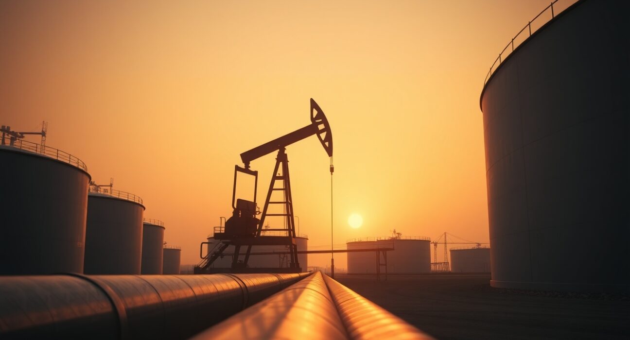 Oil storage tanks and pumpjack at sunset, symbolizing crude oil supply and geopolitical risk.