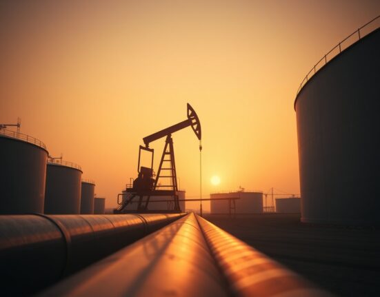 Oil storage tanks and pumpjack at sunset, symbolizing crude oil supply and geopolitical risk.