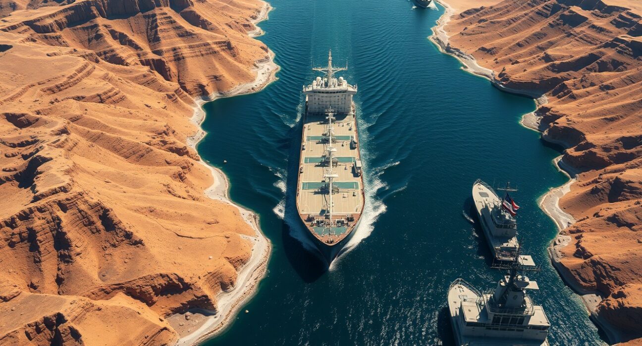 Oil tanker with naval escort navigating the strategic Strait of Hormuz waterway during security operations.