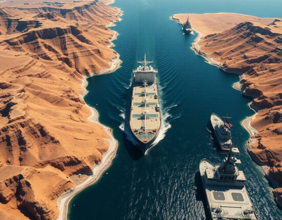 Oil tanker with naval escort navigating the strategic Strait of Hormuz waterway during security operations.