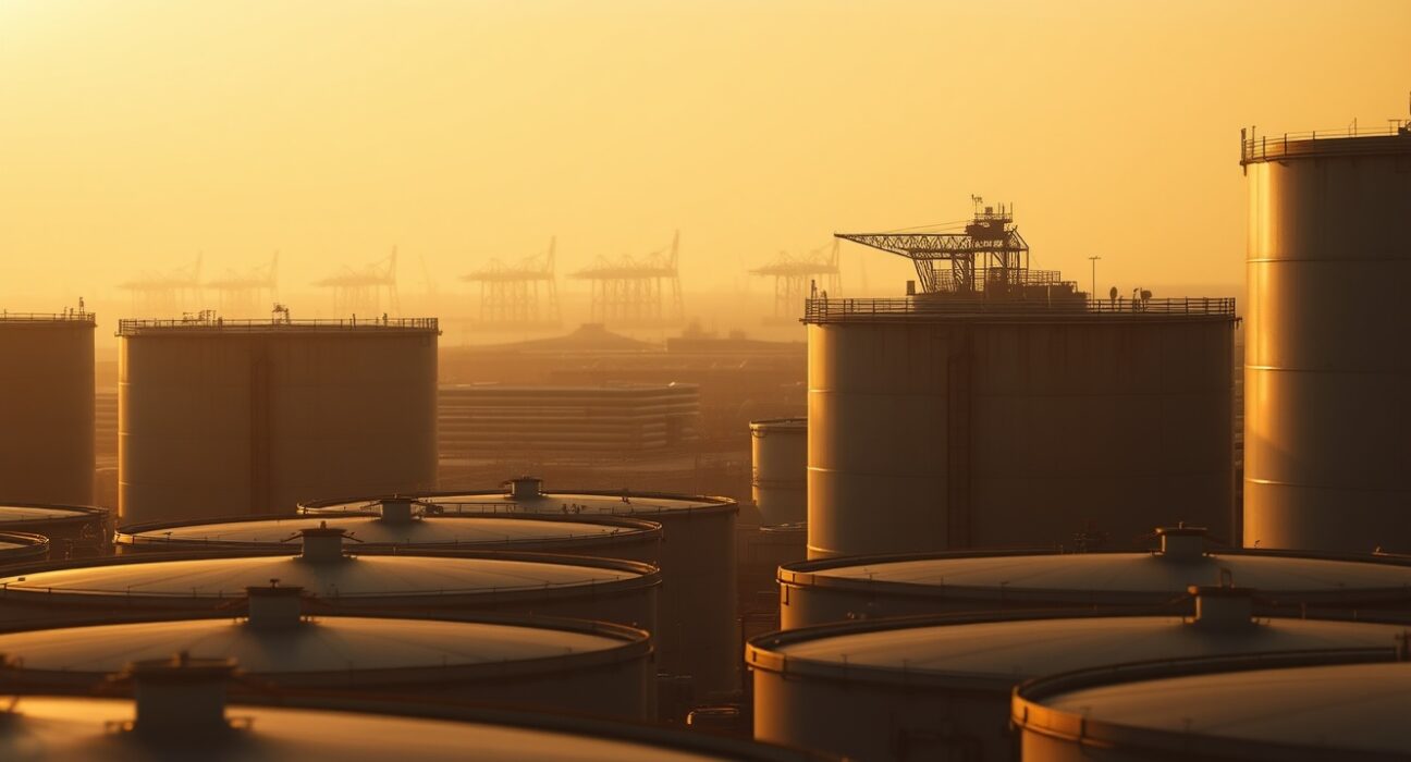 Oil storage tanks at sunset representing uncertainty in WTI crude oil market after Trump-Xi talks and IEA supply deficit warning.