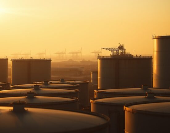 Oil storage tanks at sunset representing uncertainty in WTI crude oil market after Trump-Xi talks and IEA supply deficit warning.