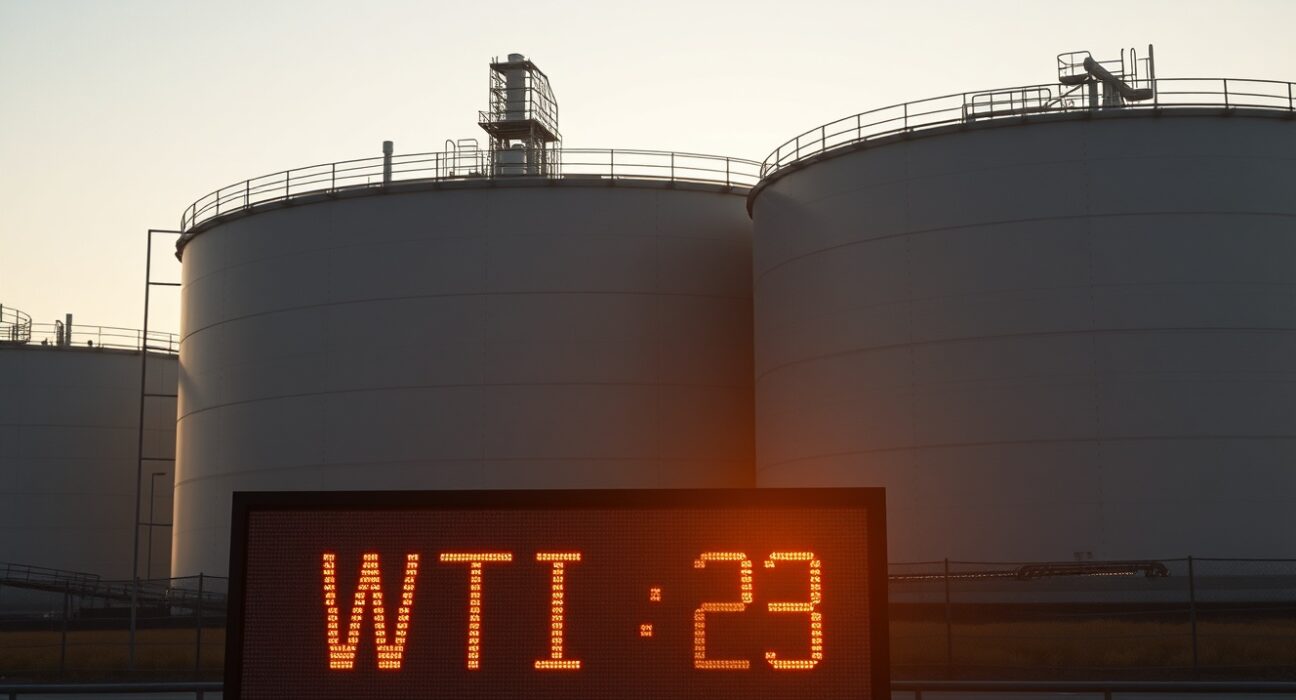 Aerial view of oil storage tanks with WTI price display at sunset