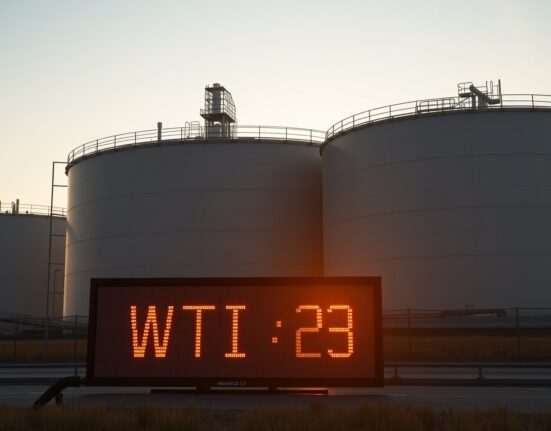Aerial view of oil storage tanks with WTI price display at sunset