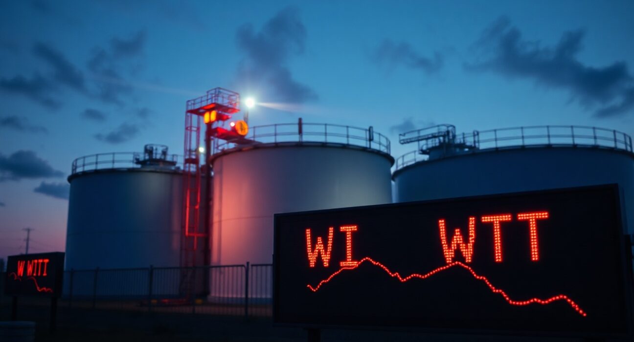 Oil storage tanks at sunset with a digital display showing falling WTI crude oil prices.