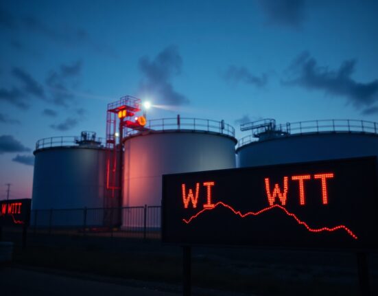 Oil storage tanks at sunset with a digital display showing falling WTI crude oil prices.