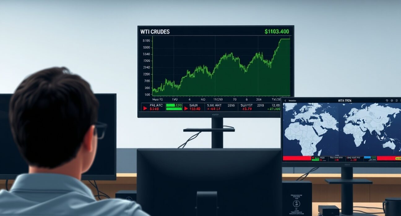 WTI crude oil price chart analysis showing stabilization near $103.40 amid Middle East de-escalation.