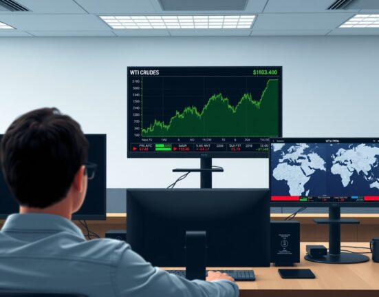 WTI crude oil price chart analysis showing stabilization near $103.40 amid Middle East de-escalation.