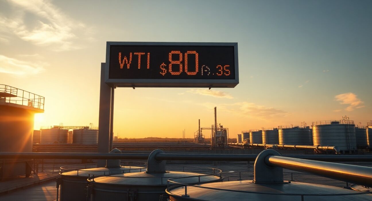 Oil storage tanks at sunset with WTI crude price display showing drop below $80 per barrel