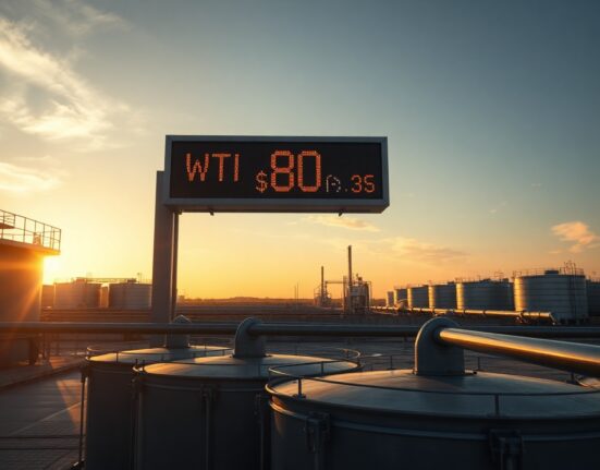 Oil storage tanks at sunset with WTI crude price display showing drop below $80 per barrel