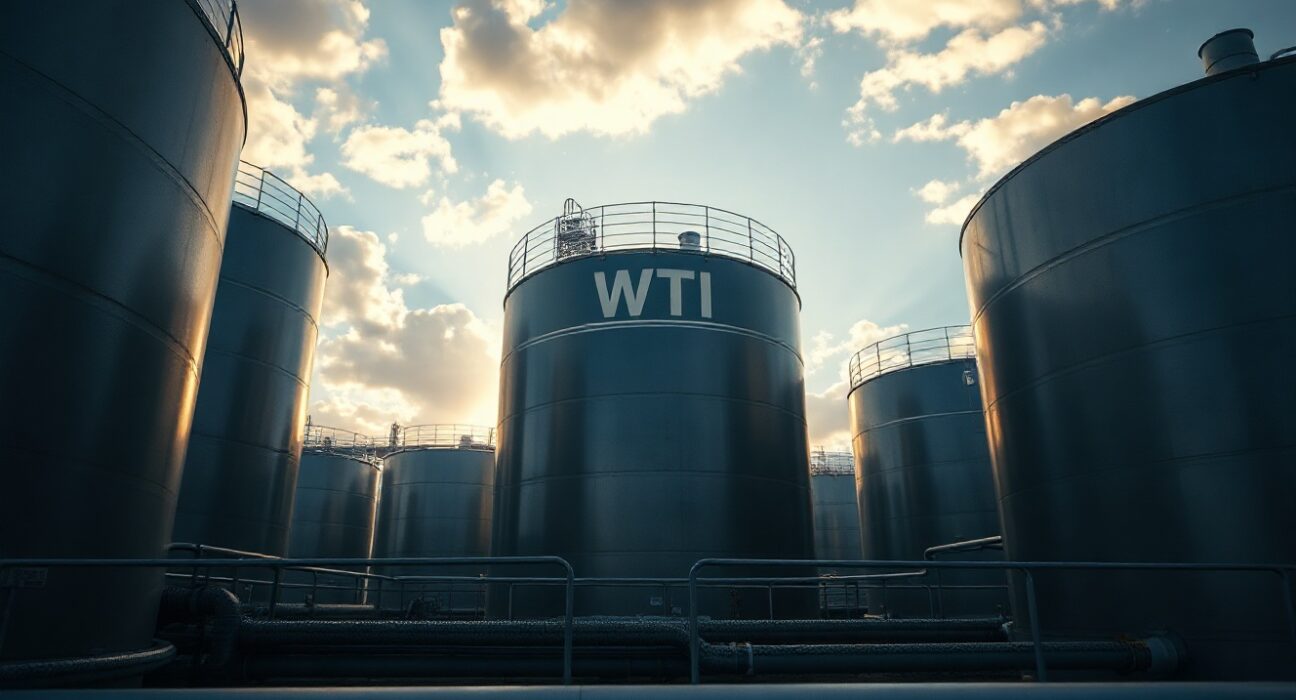 Crude oil storage tanks at sunset representing WTI price analysis and market uncertainty