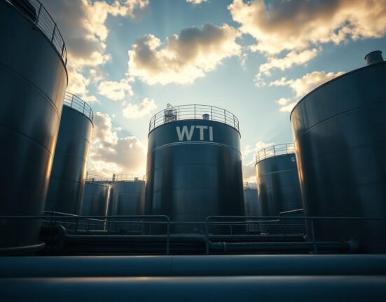 Crude oil storage tanks at sunset representing WTI price analysis and market uncertainty