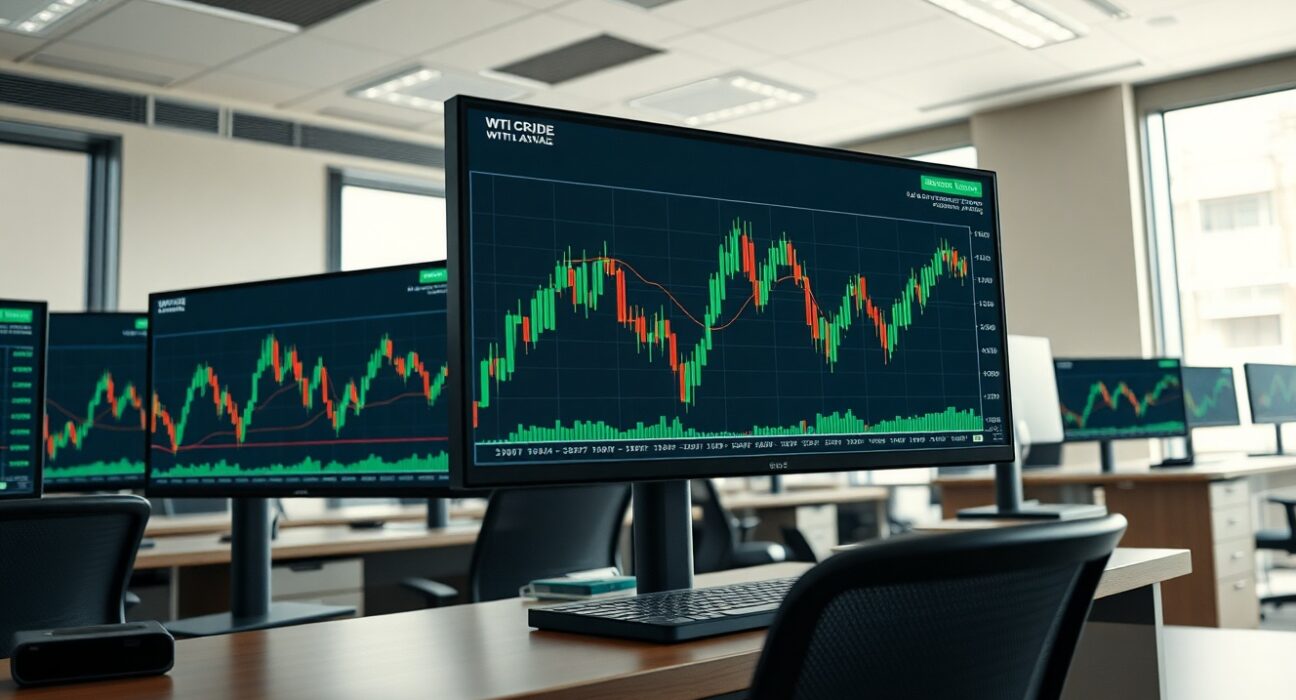 Trading desk monitors showing WTI crude oil technical chart with 100-day SMA retest