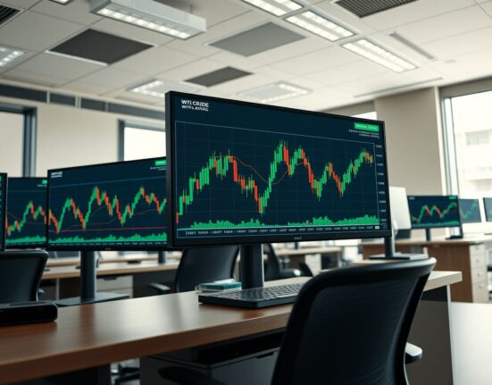 Trading desk monitors showing WTI crude oil technical chart with 100-day SMA retest